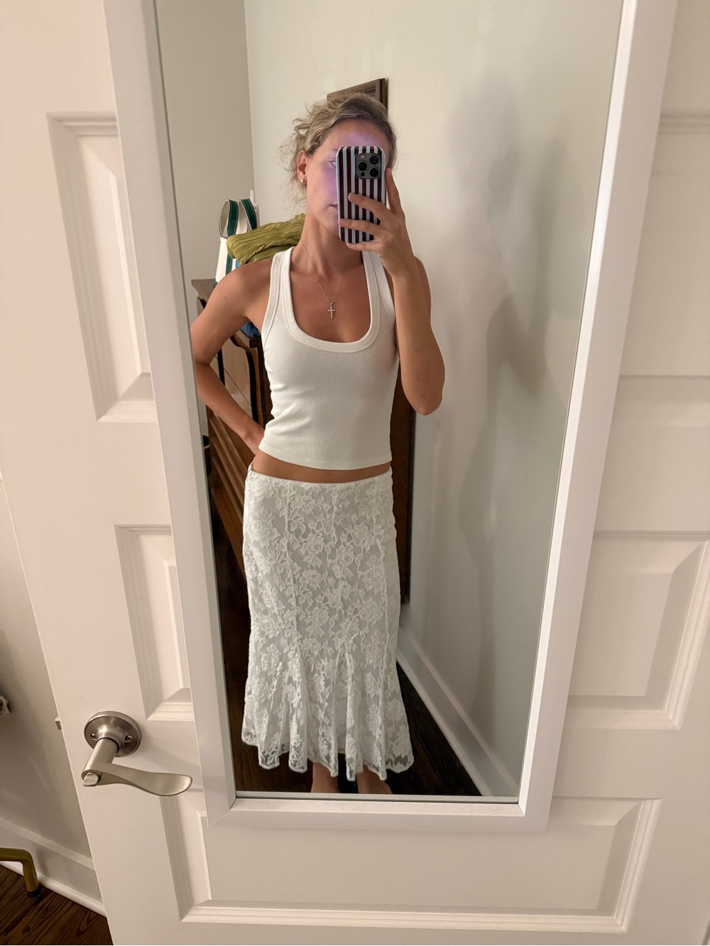 Astr Lace Midi Skirt in white